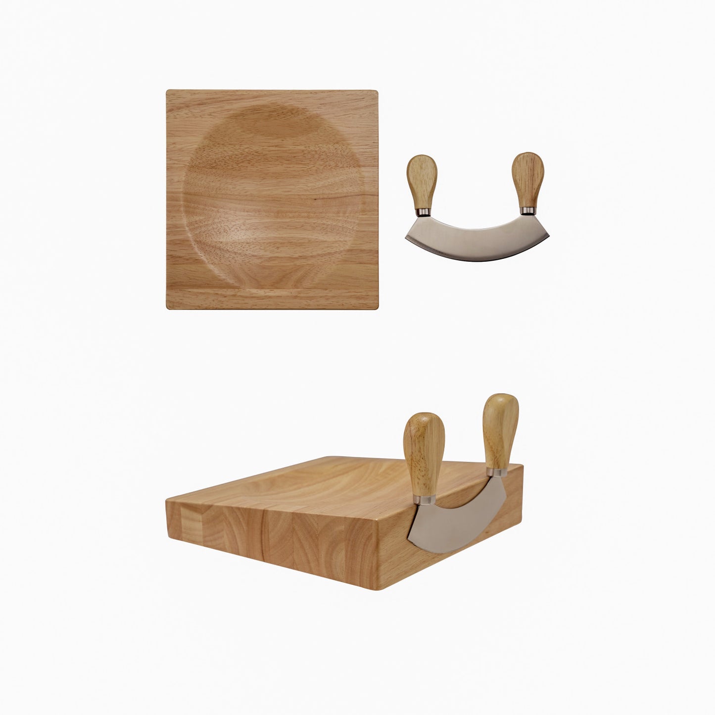 Mezzaluna Rubberwood & Stainless Steel & 8in Square Cutting Board w/Magnets