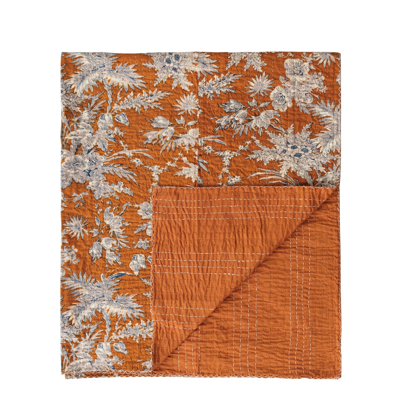 Throw 60inL x 50inW Cotton Voile w/Florals & Hand-Embroidered Kantha Stitch