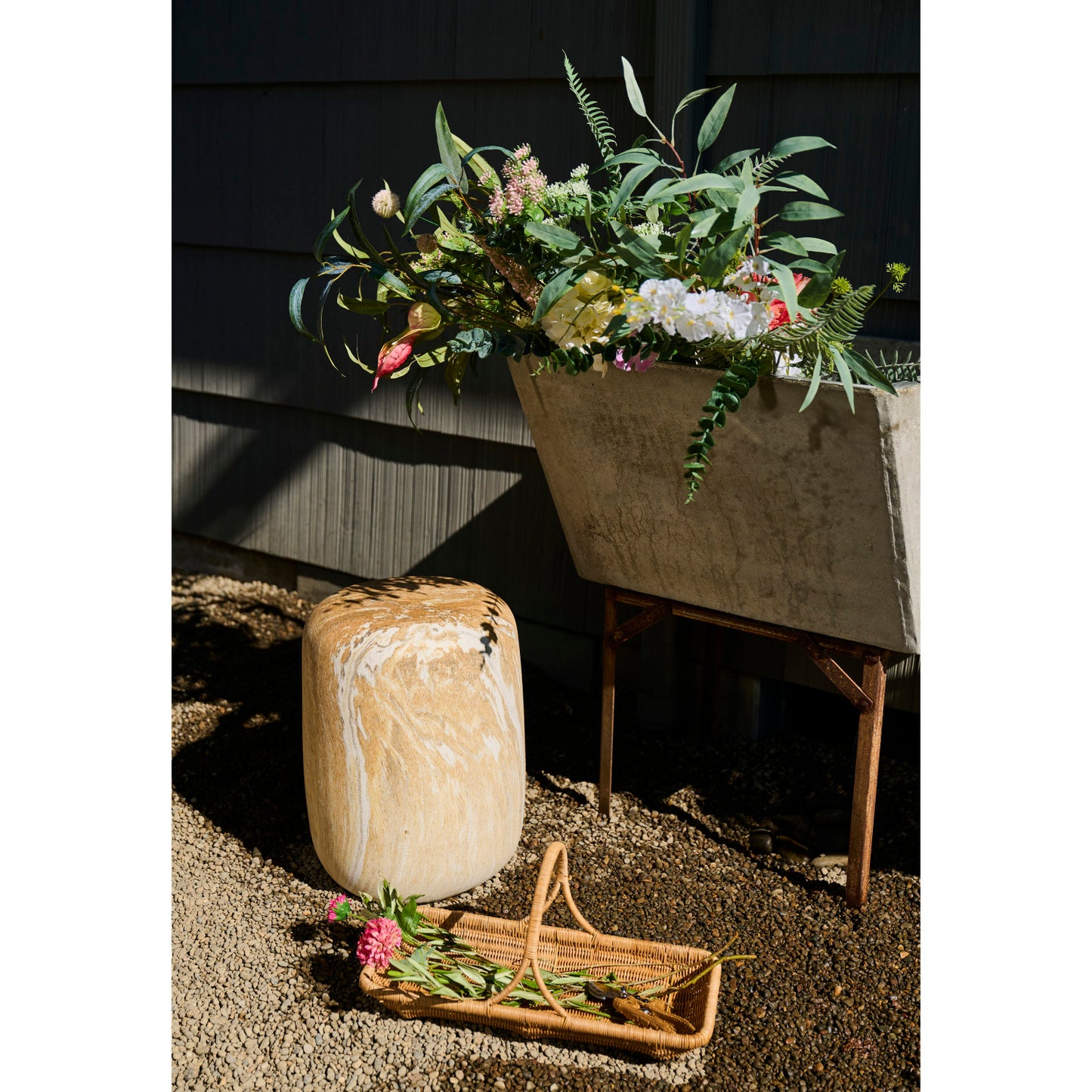 Table/Stool Stoneware Travertine Finish Brown