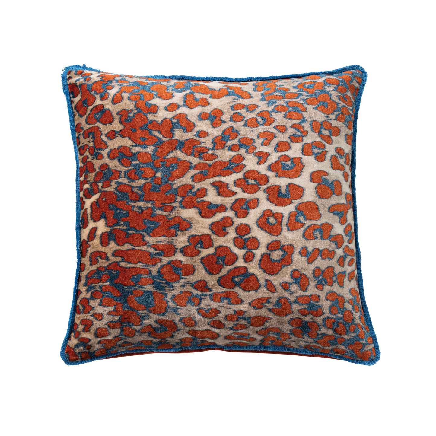 20" Square Cotton Velvet Pillow with Leopard Print Pattern & Tufted Fringe, Orange Blue