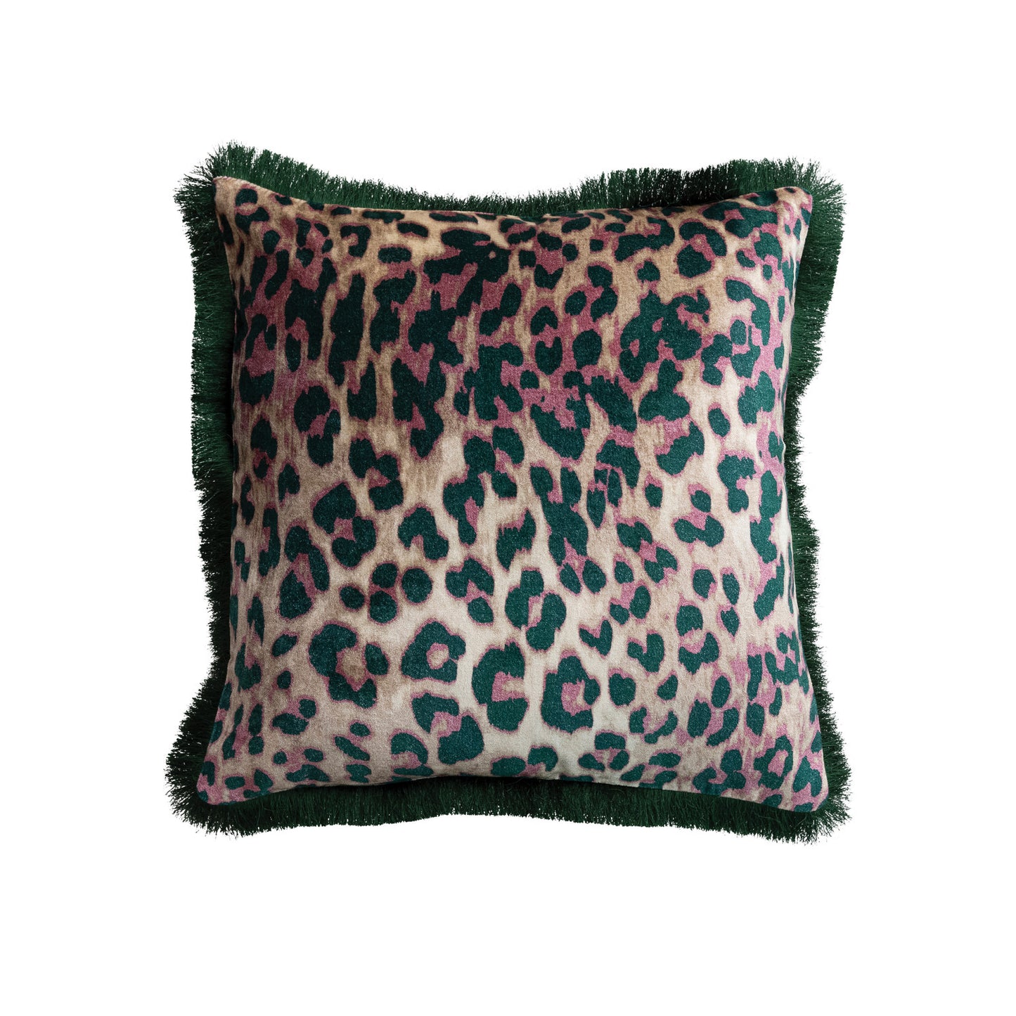20" Square Cotton Velvet Pillow with Leopard Print Pattern & Tufted Fringe, Green Pink