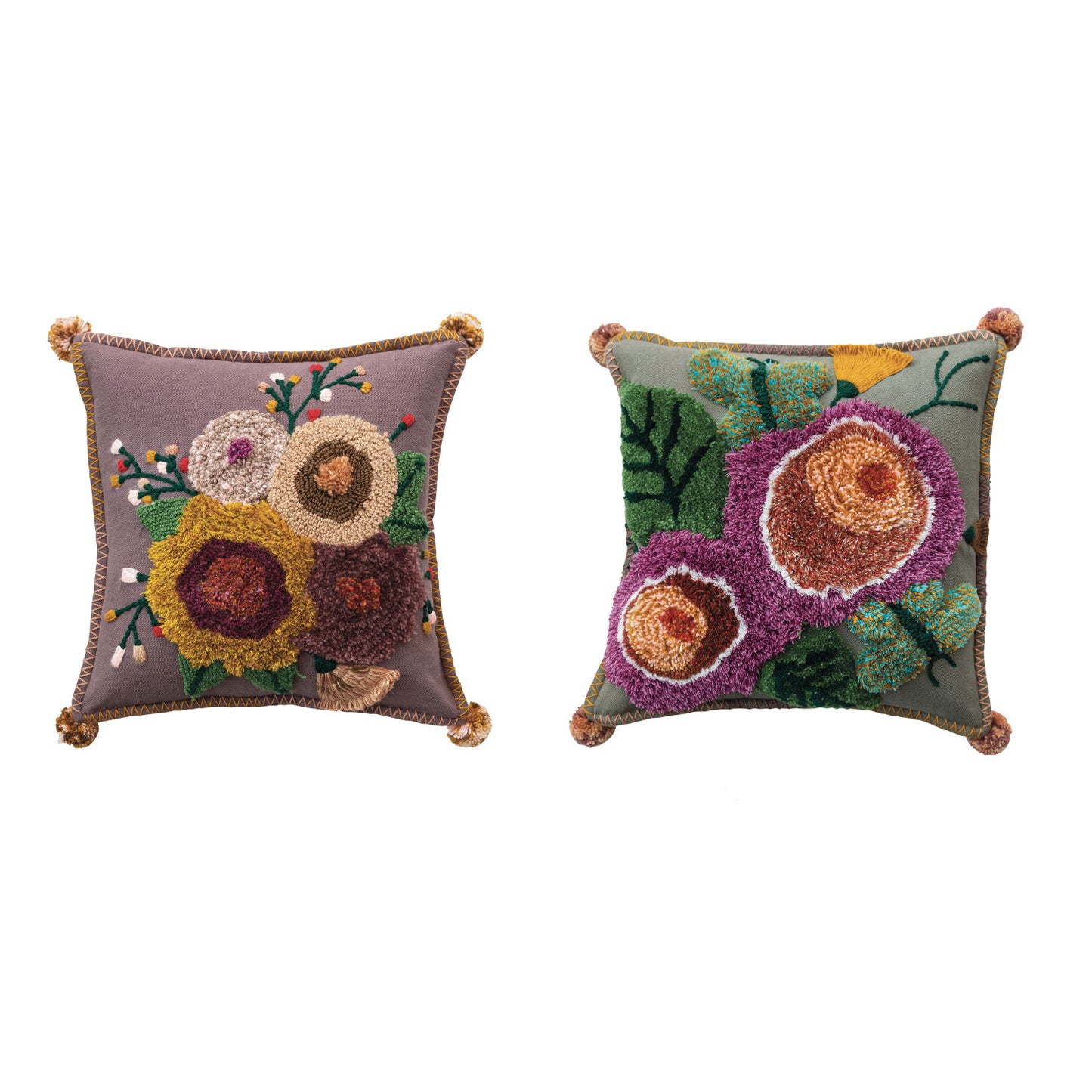 Pillow 18in Square Cotton Tufted Floral w/Pom Poms