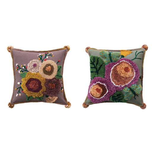 Pillow 18in Square Cotton Tufted Floral w/Pom Poms
