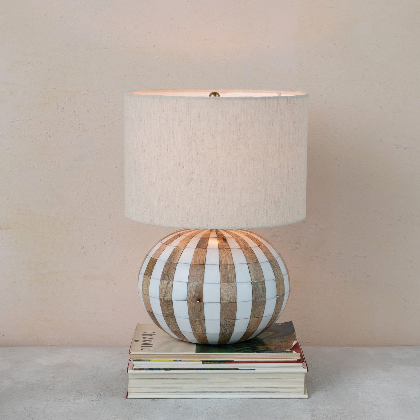 Lamp Mango Wood & Inlaid Resin Striped w/ Cotton Blend Shade Natural