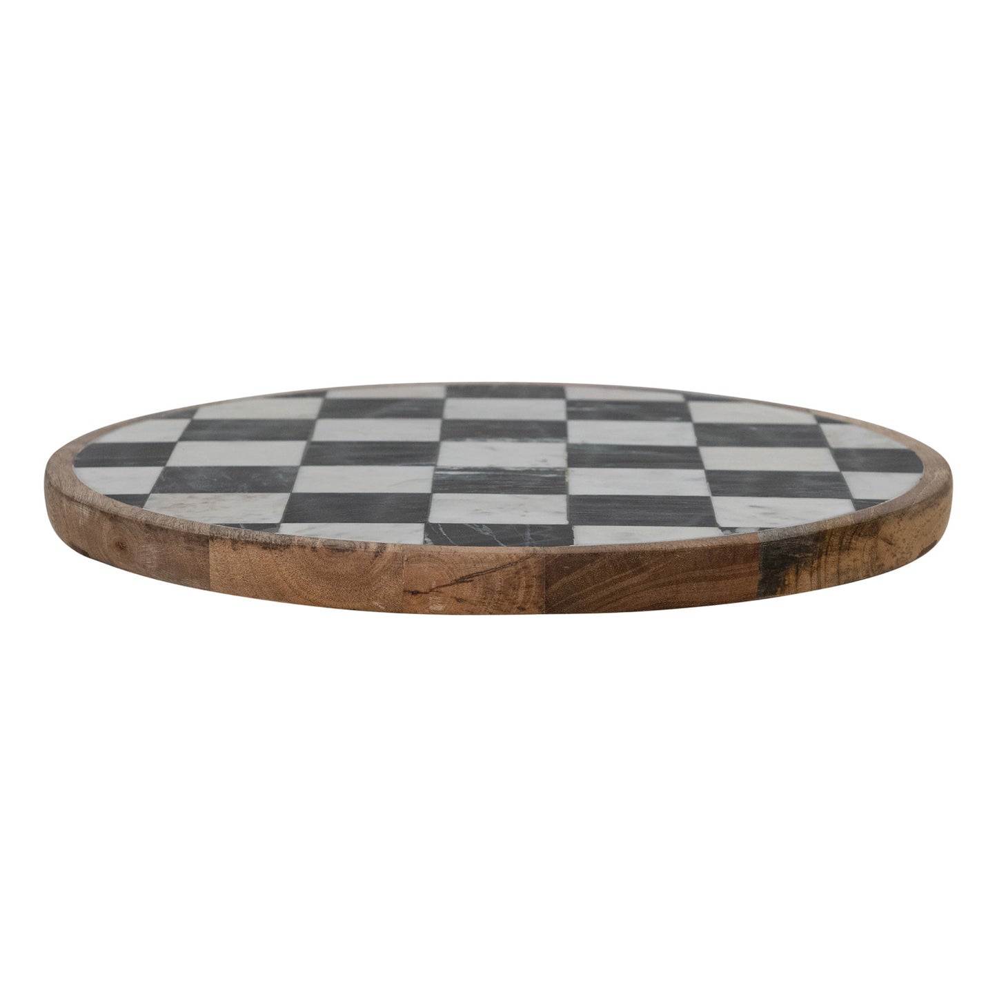 Lazy Susan Mango Wood & Marble Check White Black & Natural
