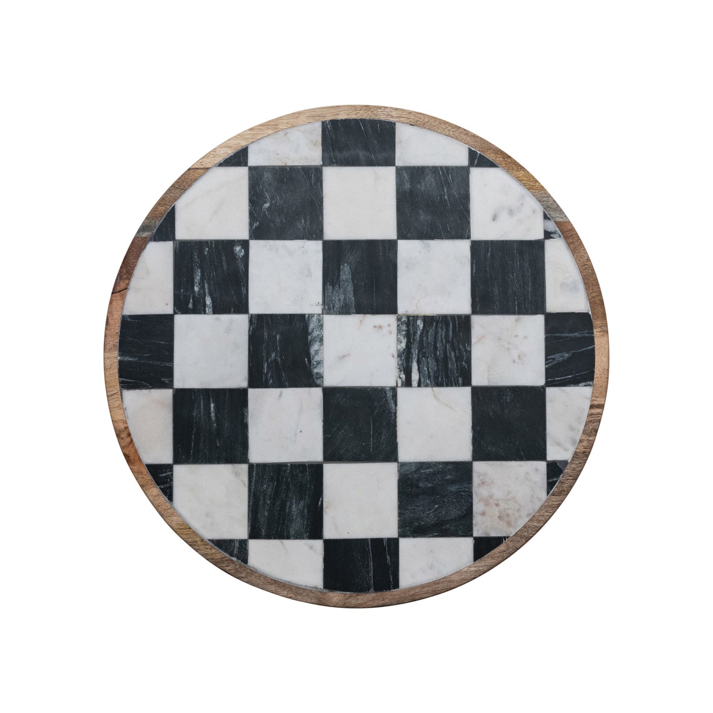 Lazy Susan Mango Wood & Marble Check White Black & Natural