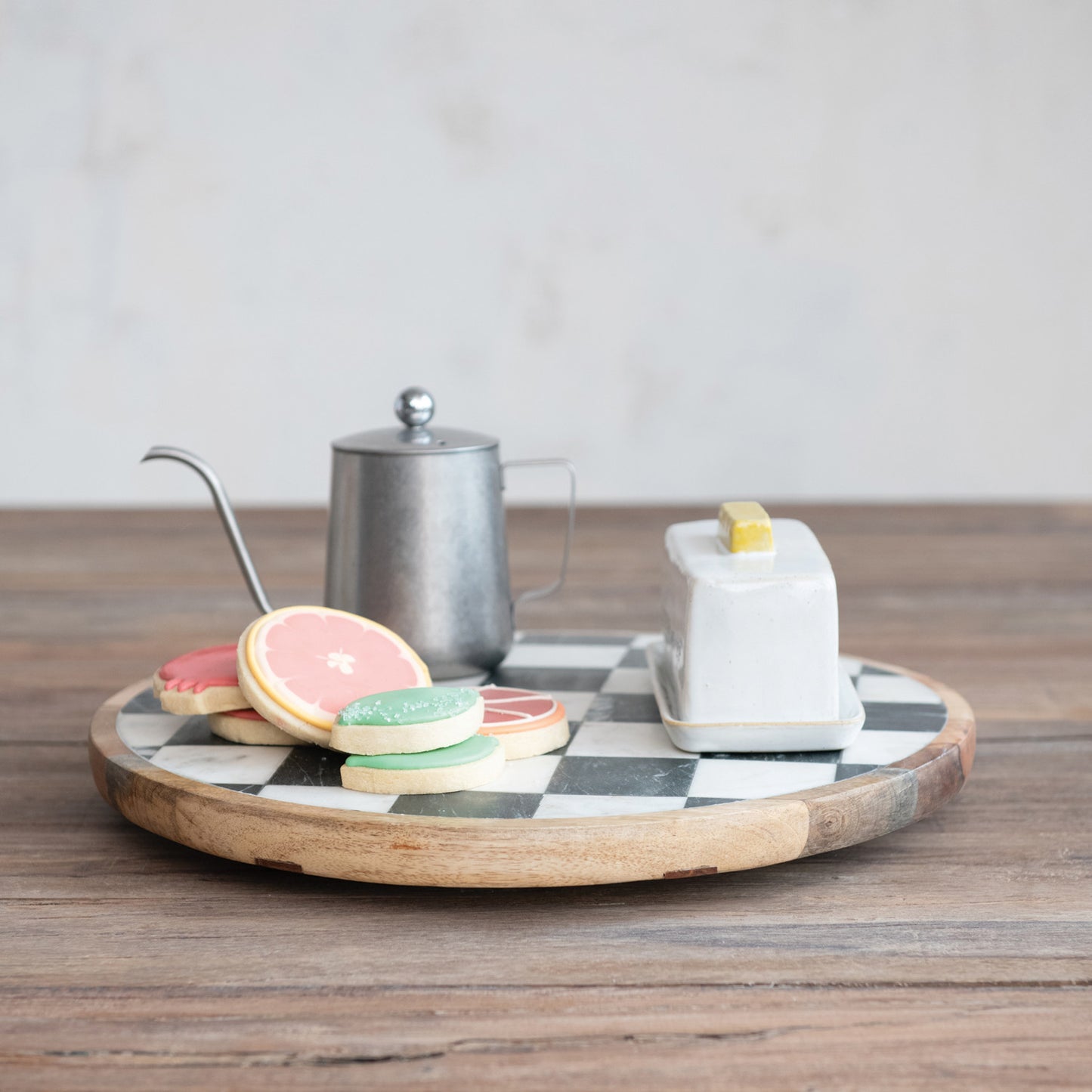 Lazy Susan Mango Wood & Marble Check White Black & Natural