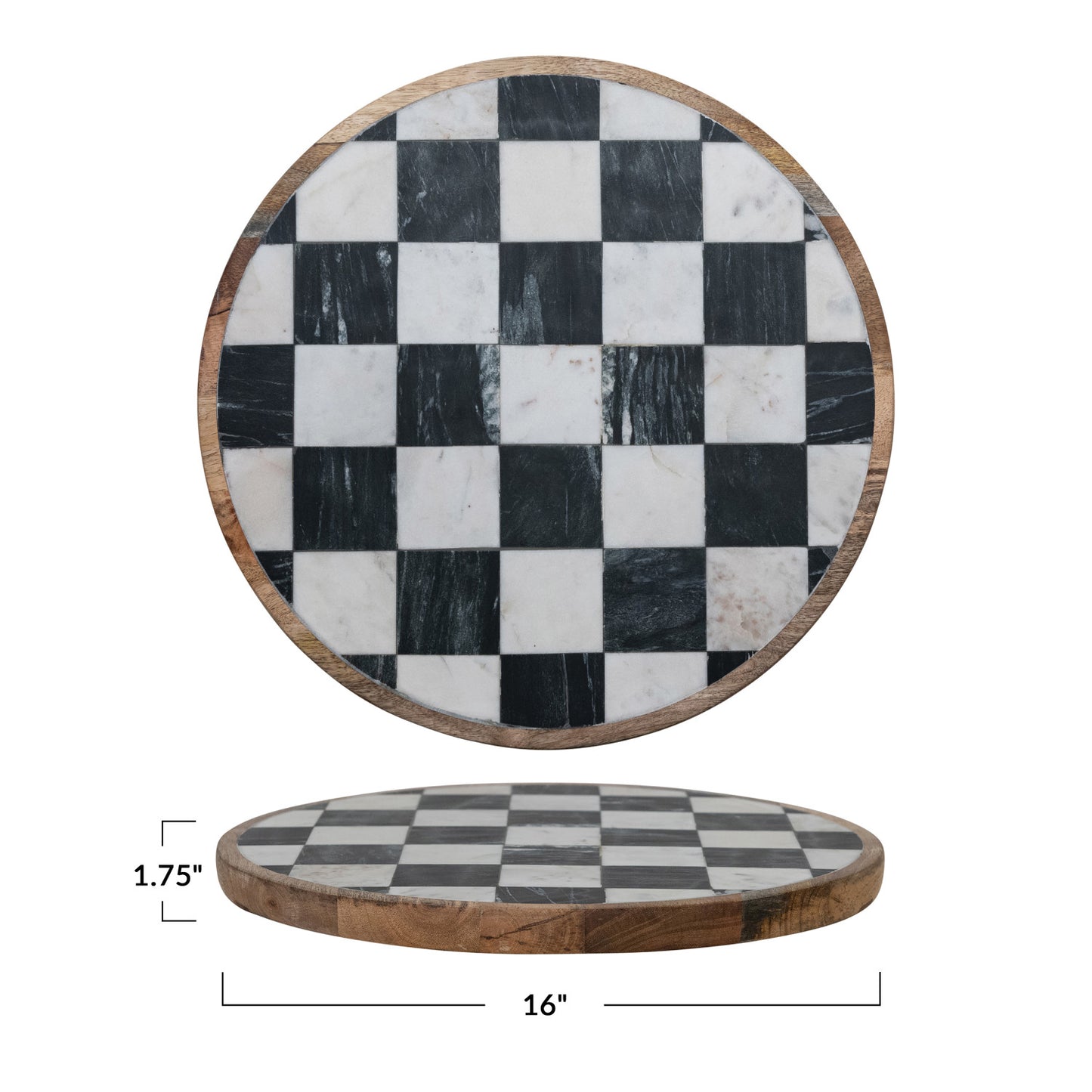 Lazy Susan Mango Wood & Marble Check White Black & Natural