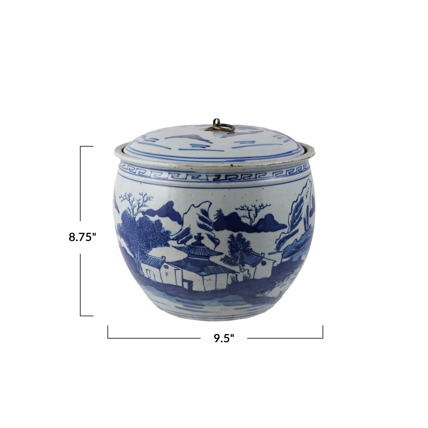 Ginger Jar Hand-Painted Stoneware Vintage Reproduction w/ Landscape & Brass Ring