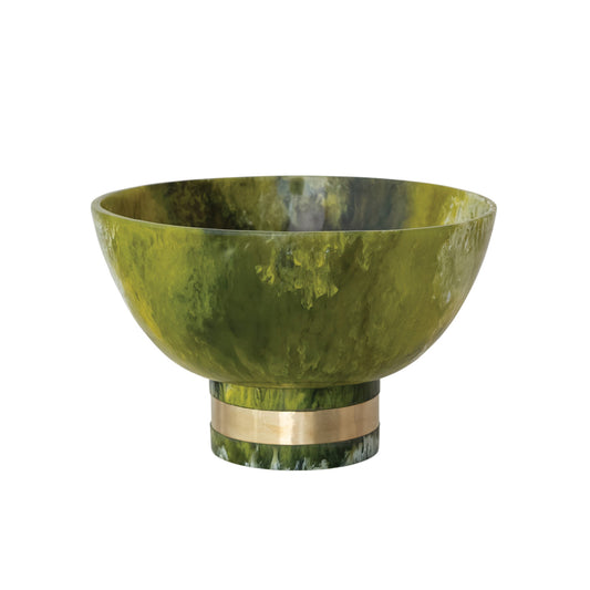 Bowl Footed Green Marbled w/Gold Finish Metal Wrap