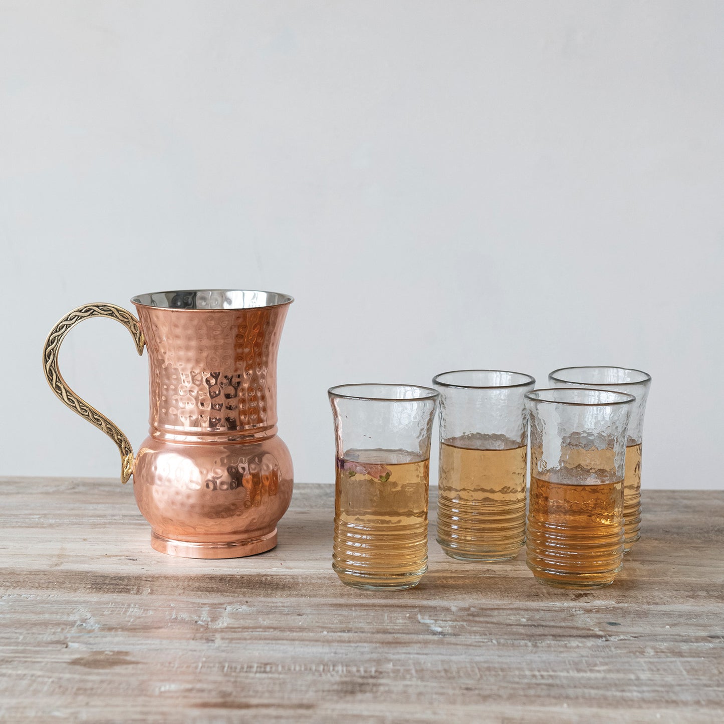 Pitcher 48oz Hammered Stainless Steel w/Brass Handle Copper Finish
