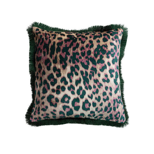 20" Square Cotton Velvet Pillow with Leopard Print Pattern & Tufted Fringe, Green Pink