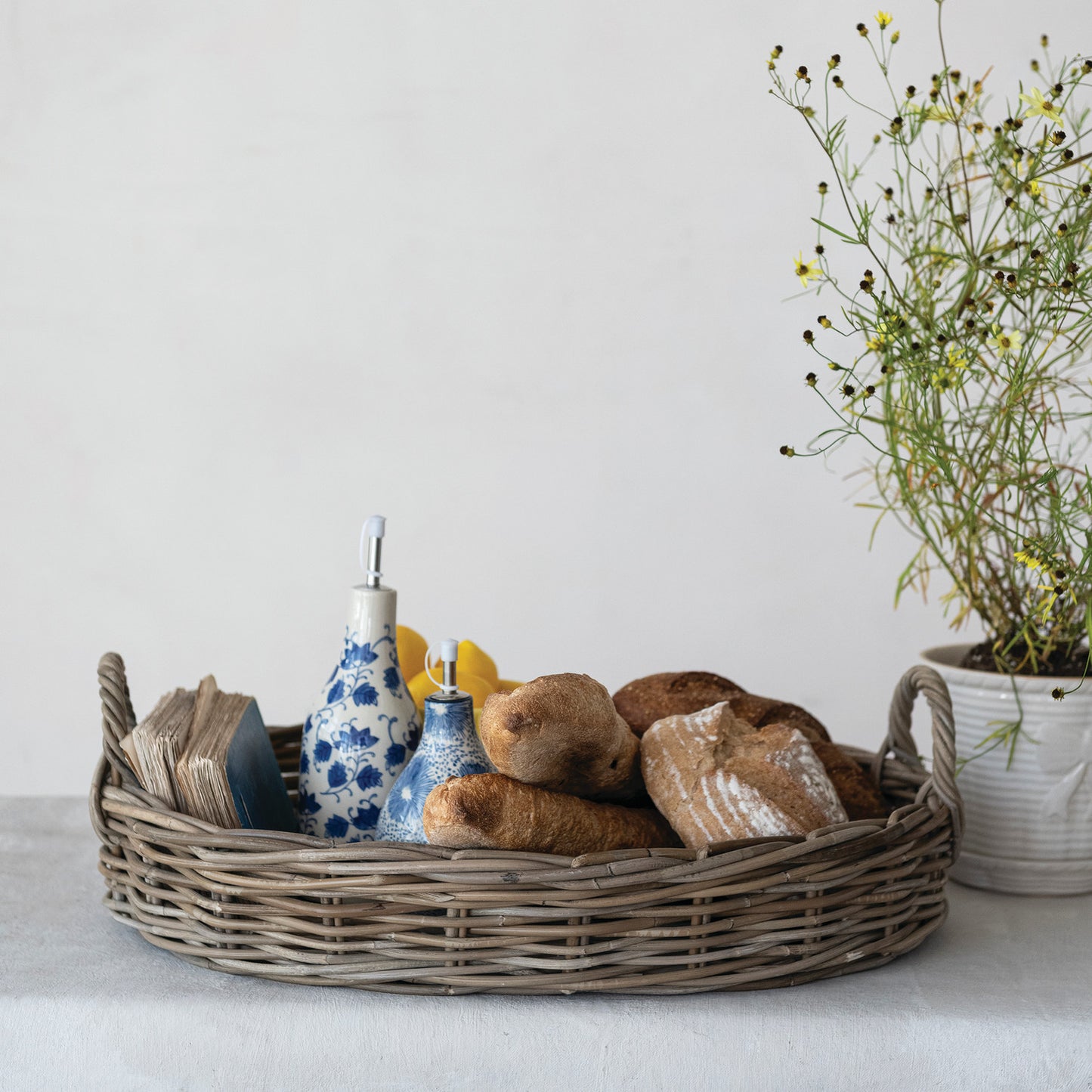 Tray Hand-Woven Rattan w/Handles Grey Washed