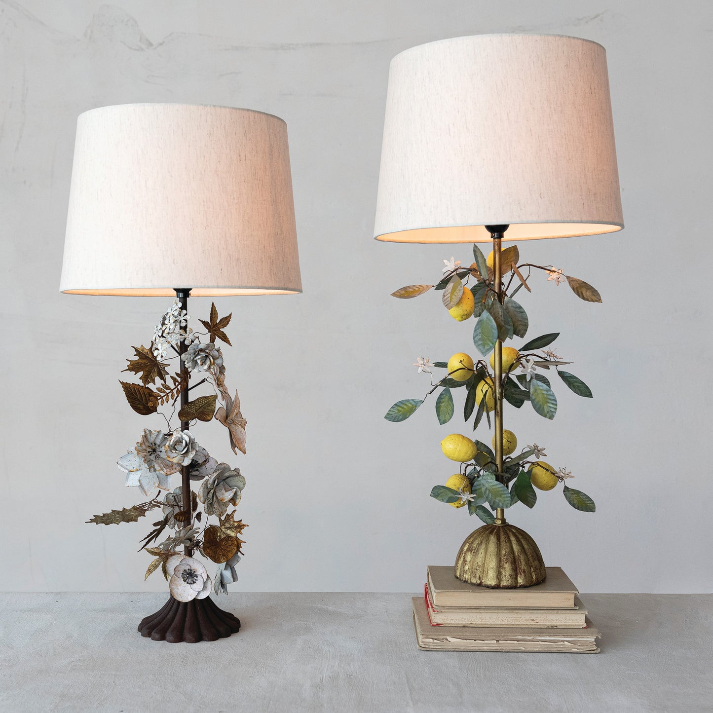 Lamp Metal Vintage Reproduction Toleware Flowers w/Linen Shade & Inline Switch
