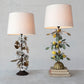 Lamp Metal Vintage Reproduction Toleware Flowers w/Linen Shade & Inline Switch