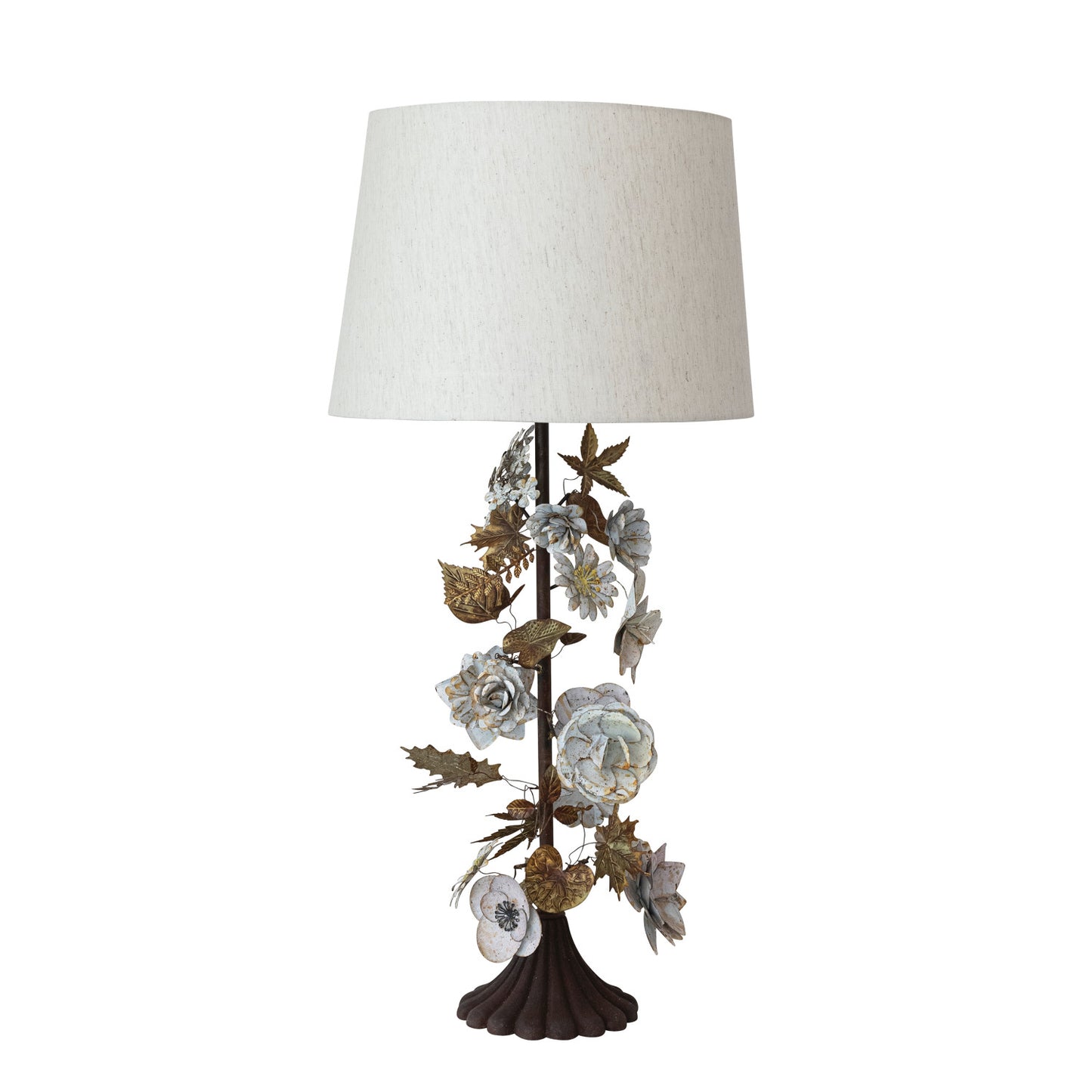 Lamp Metal Vintage Reproduction Toleware Flowers w/Linen Shade & Inline Switch